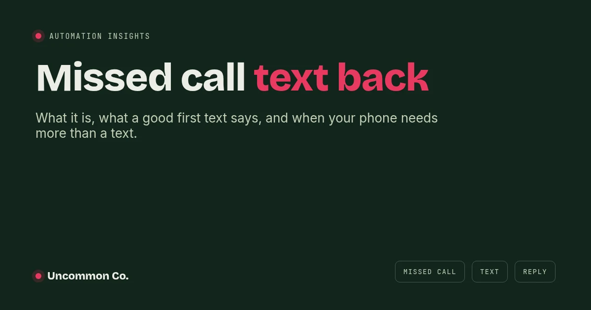 Title card reading Missed call text back, with tags for missed call, text, and reply
